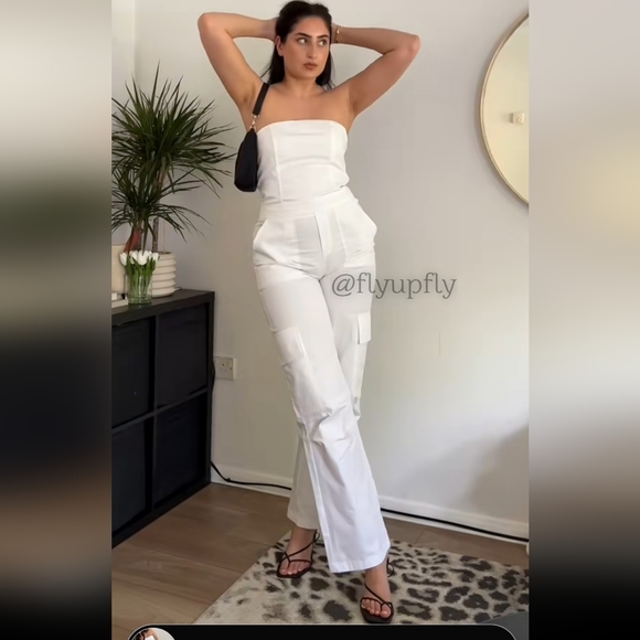 NWT Zara Strapless Utility Cargo Jumpsuit Wide White Long - Picture 15 of 16